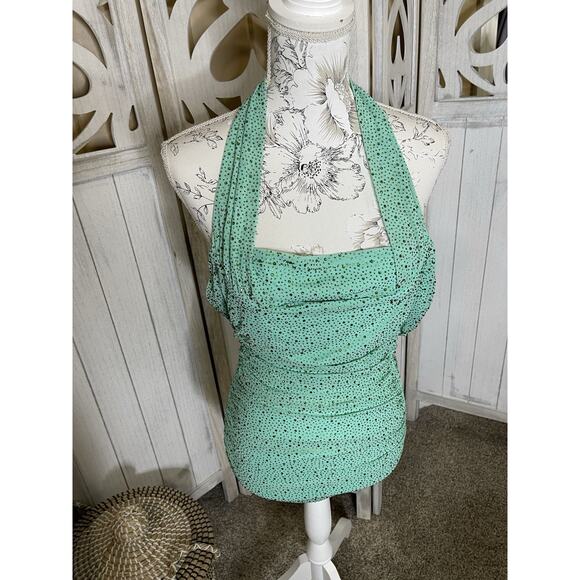 Oh Polly Mini Dress Halter Green Rhinestone Ruched Bodycon Size 2 US - Picture 1 of 6